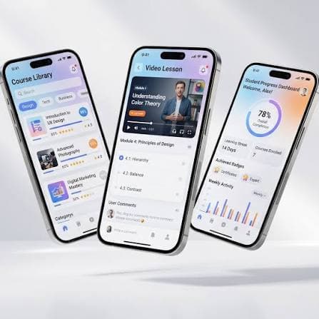 Phones showing a course library, a video lesson, and a progress board