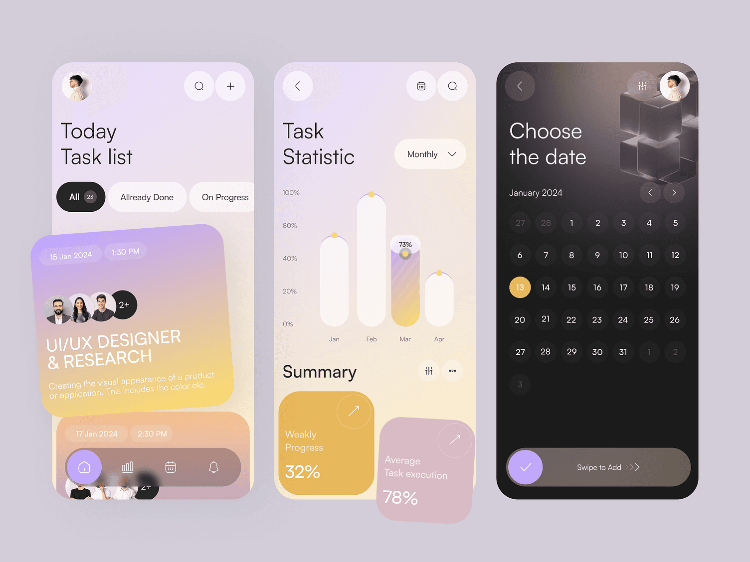 Screens for a task list, statistics, and a calendar